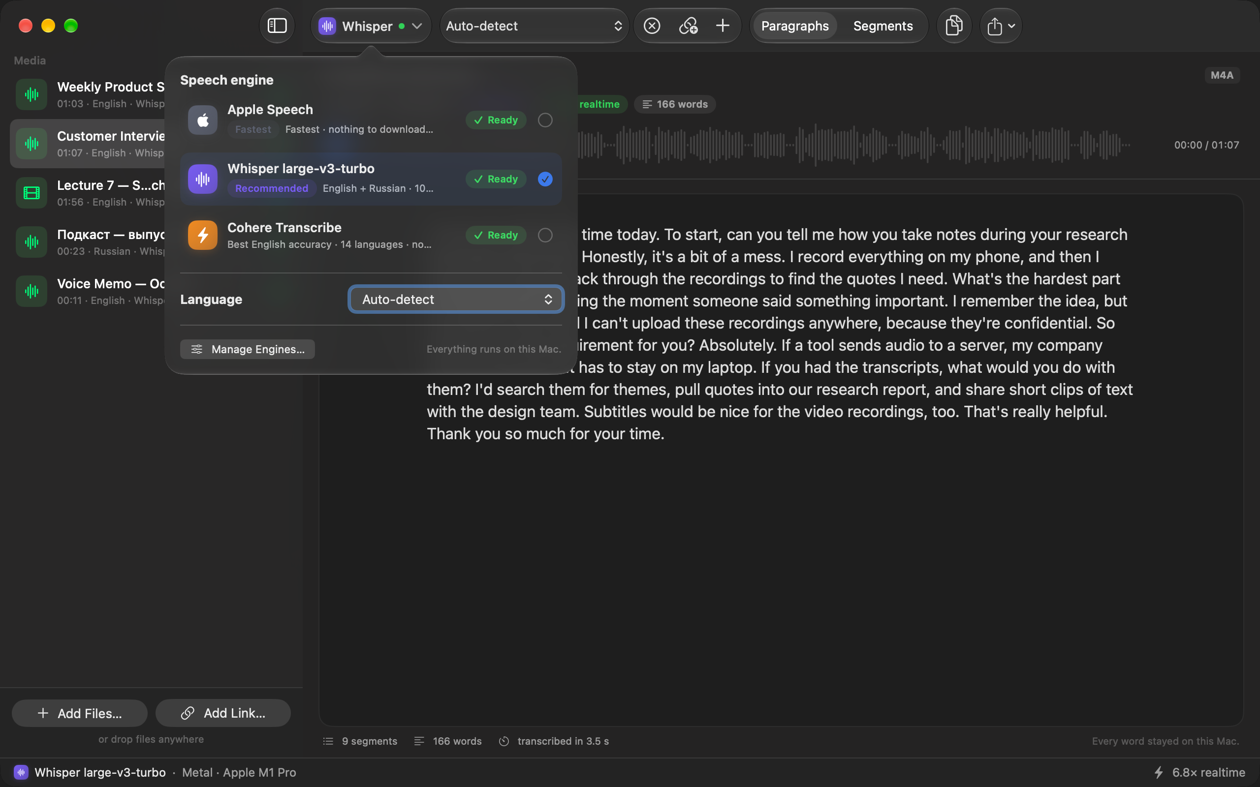 The speech engine menu open from the toolbar, listing Apple Speech, Whisper large-v3-turbo (selected, marked Recommended) and Cohere Transcribe, each marked Ready, with the language set to Auto-detect.
