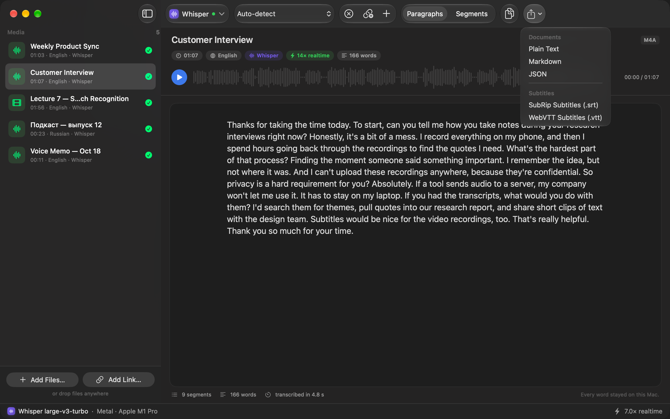 The Export menu open from the toolbar, with Plain Text, Markdown and JSON under Documents, and SubRip (.srt) and WebVTT (.vtt) under Subtitles.