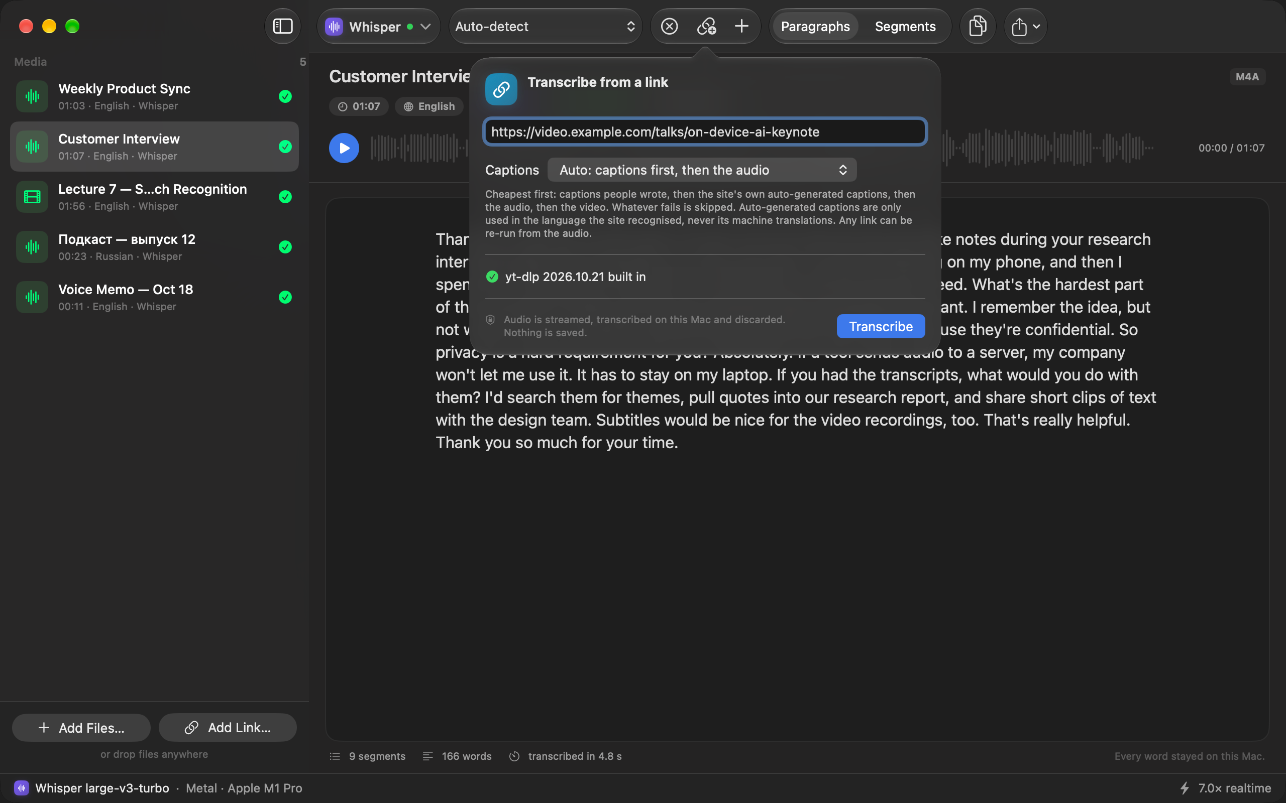 The Transcribe from a link panel: a video address pasted in, Captions set to captions first, then the audio, and a note that audio is streamed, transcribed on the Mac and discarded.