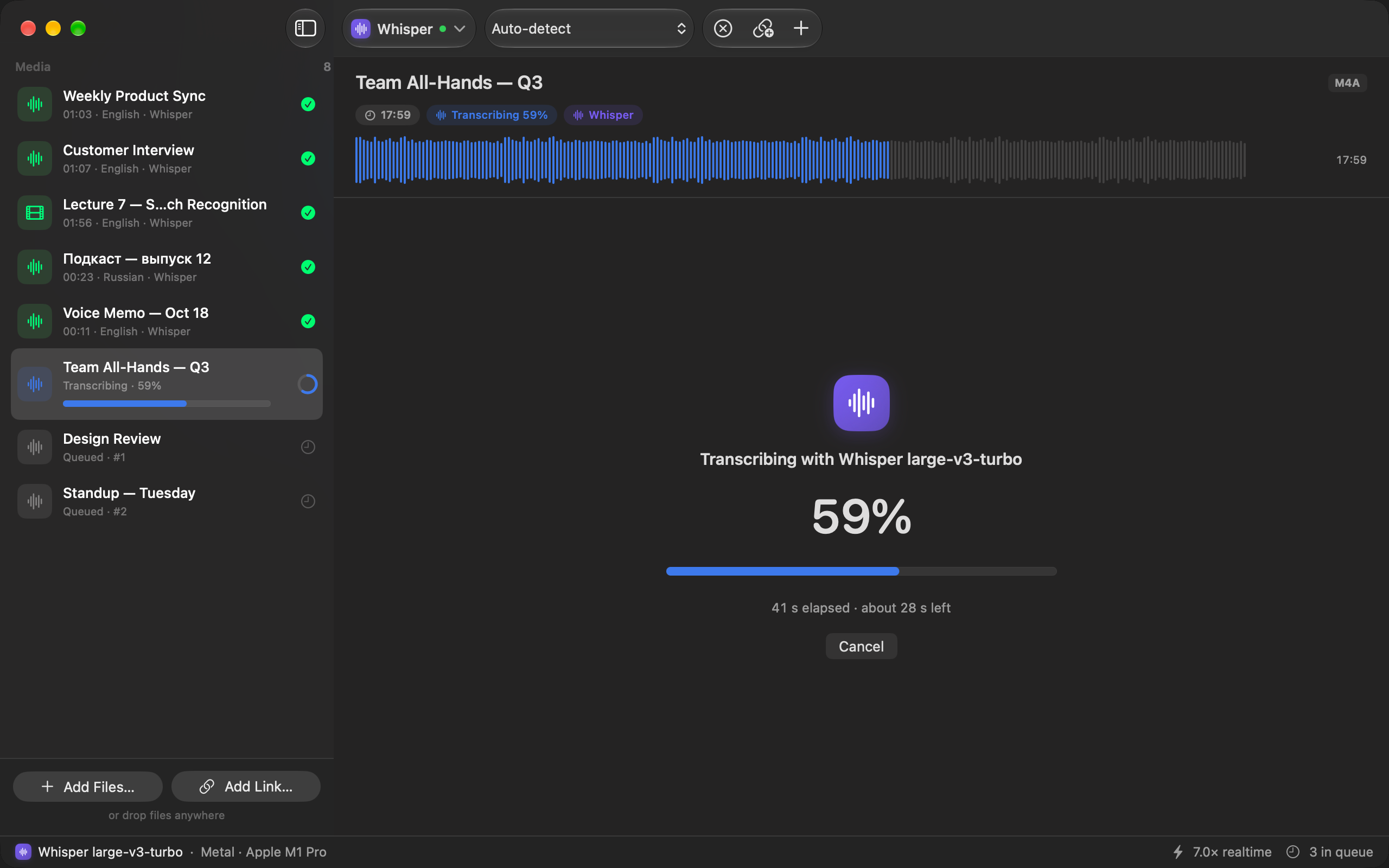 A recording being transcribed at 59 percent with Whisper, with a progress bar and time left, while two more files wait in the sidebar queue.