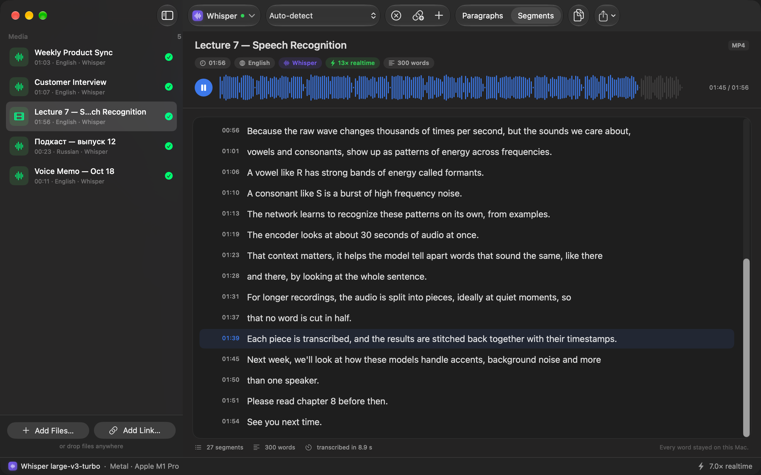 A lecture transcript in Segments view: each line has its timestamp, the line being played is highlighted, and the waveform above shows the playback position.